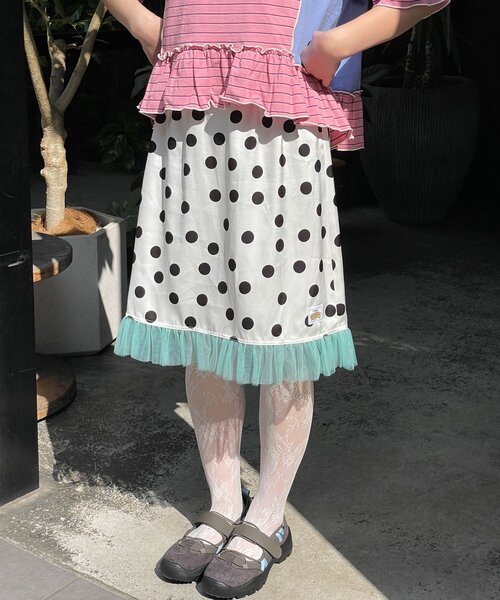 HELLO.SANFRANCISCO(ハローサンフランシスコ)の「【HELLO.SANFRANCISCO/ハローサンフランシスコ】サテンドットチュールミドルスカート(スカート・レディース・オレンジ/ブラウン/ホワイト・ONE SIZE)」の2枚目の写真