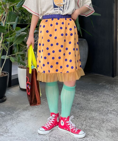 HELLO.SANFRANCISCO(ハローサンフランシスコ)の「【HELLO.SANFRANCISCO/ハローサンフランシスコ】サテンドットチュールミドルスカート(スカート・レディース・オレンジ/ブラウン/ホワイト・ONE SIZE)」の1枚目の写真