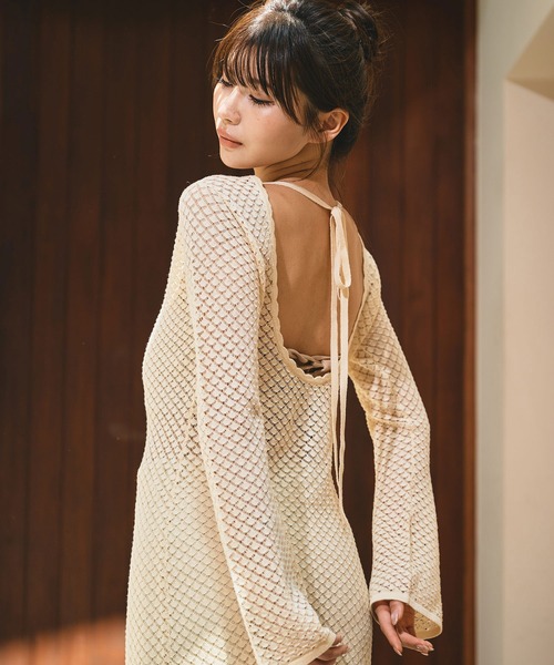 KINO THE KEI(キノザケイ)の「前後2WAY 透かし編み マキシ ワンピース KINO THE KEI(ワンピース・レディース・キナリ/ブラック・フリー)」の1枚目の写真