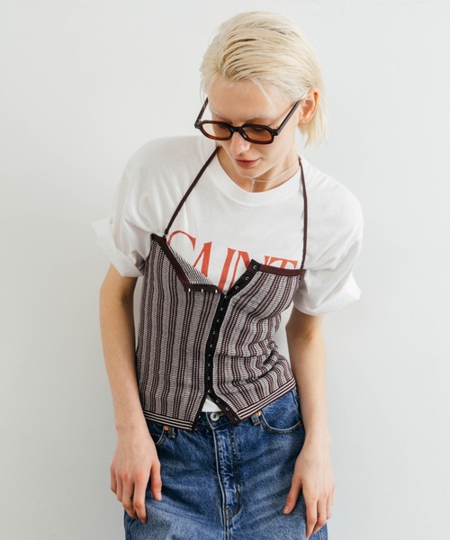 CREDONA(クレドナ)の「TUCK STITCH BUSTIER/タックステッチビスチェ(キャミソール・レディース・ブラウン/サックスブルー/ブラック・FREE)」の2枚目の写真