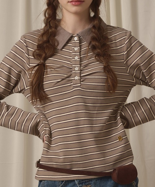 hazyl(ヘイジル)の「long sleeve gather polo T-shirt / ロングスリーブギャザーポロTシャツ(Tシャツ/カットソー・レディース・ボルドー/グレー/ベージュ/ブラウン系その他/ネイビー・フリー)」の3枚目の写真