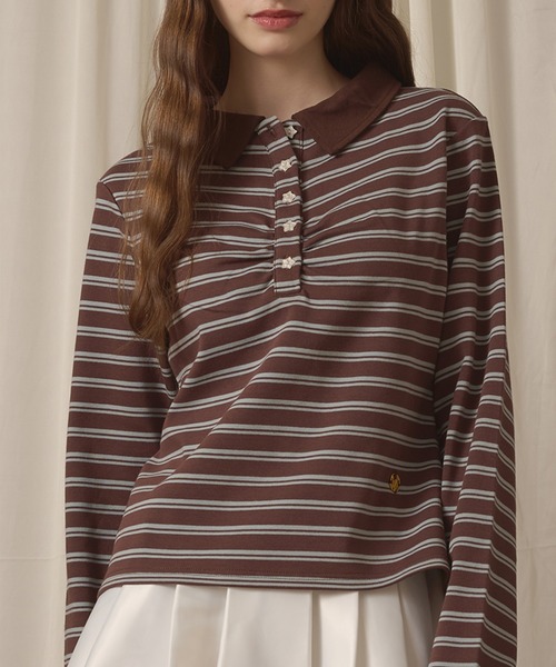 hazyl(ヘイジル)の「long sleeve gather polo T-shirt / ロングスリーブギャザーポロTシャツ(Tシャツ/カットソー・レディース・ボルドー/グレー/ベージュ/ブラウン系その他/ネイビー・フリー)」の1枚目の写真