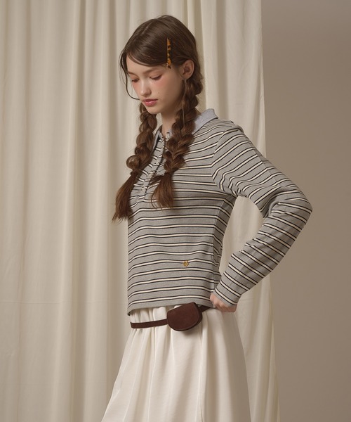 hazyl(ヘイジル)の「long sleeve gather polo T-shirt / ロングスリーブギャザーポロTシャツ(Tシャツ/カットソー・レディース・ボルドー/グレー/ベージュ/ブラウン系その他/ネイビー・フリー)」の9枚目の写真