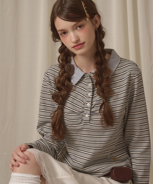 hazyl(ヘイジル)の「long sleeve gather polo T-shirt / ロングスリーブギャザーポロTシャツ(Tシャツ/カットソー・レディース・ボルドー/グレー/ベージュ/ブラウン系その他/ネイビー・フリー)」の16枚目の写真