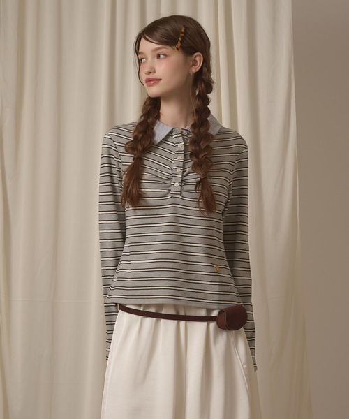 hazyl(ヘイジル)の「long sleeve gather polo T-shirt / ロングスリーブギャザーポロTシャツ(Tシャツ/カットソー・レディース・ボルドー/グレー/ベージュ/ブラウン系その他/ネイビー・フリー)」の6枚目の写真