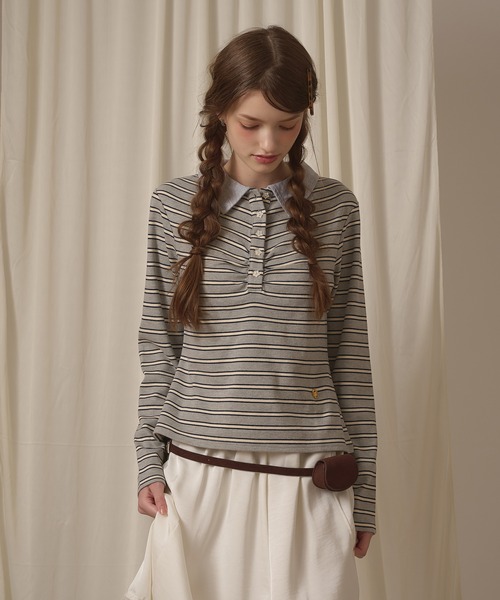 hazyl(ヘイジル)の「long sleeve gather polo T-shirt / ロングスリーブギャザーポロTシャツ(Tシャツ/カットソー・レディース・ボルドー/グレー/ベージュ/ブラウン系その他/ネイビー・フリー)」の7枚目の写真