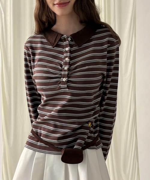 hazyl(ヘイジル)の「long sleeve gather polo T-shirt / ロングスリーブギャザーポロTシャツ(Tシャツ/カットソー・レディース・ボルドー/グレー/ベージュ/ブラウン系その他/ネイビー・フリー)」の19枚目の写真