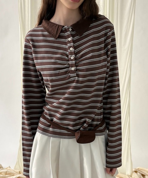 hazyl(ヘイジル)の「long sleeve gather polo T-shirt / ロングスリーブギャザーポロTシャツ(Tシャツ/カットソー・レディース・ボルドー/グレー/ベージュ/ブラウン系その他/ネイビー・フリー)」の20枚目の写真