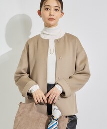 INDIVI | 【ウール混/配色】ショート丈リバー丸首コート(ノーカラーコート)