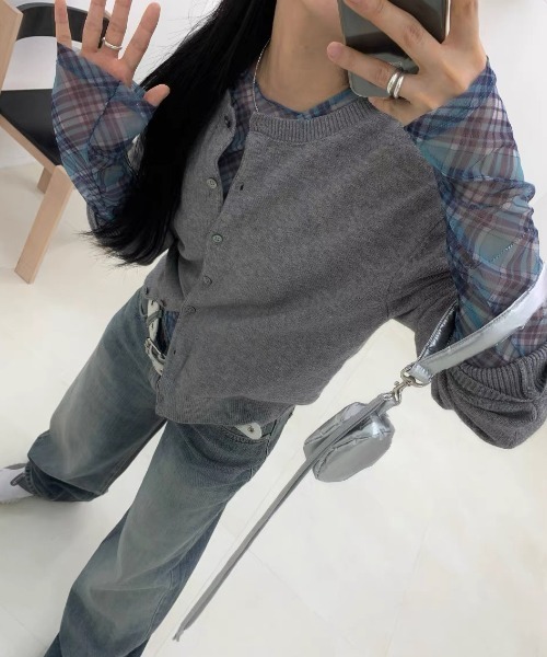 ampm(エーエムピーエム)の「シアートップス チェック柄 メッシュトップス 長袖 カットソー シースルー プルオーバー(Tシャツ/カットソー・レディース・ブルー/ブラック・FREE)」の3枚目の写真