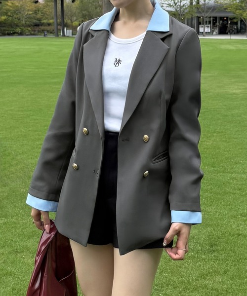 junoah（ジュノア）の「ゴールドボタンシャツレイヤードジャケット（テーラードジャケット・レディース・ブラック/チャコール/ブラウン・MEDIUM/SMALL/LARGE）」の7枚目の写真