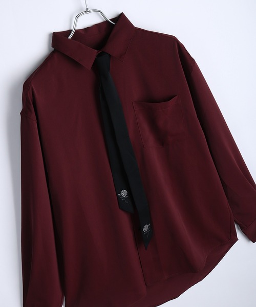 WESTSEA（ウエストシー）の「バラ刺繍ネクタイ付き とろみシャツ オーバーサイズ 長袖シャツ（シャツ/ブラウス・メンズ・ワイン/ホワイト/ブルー・M/L）」の3枚目の写真