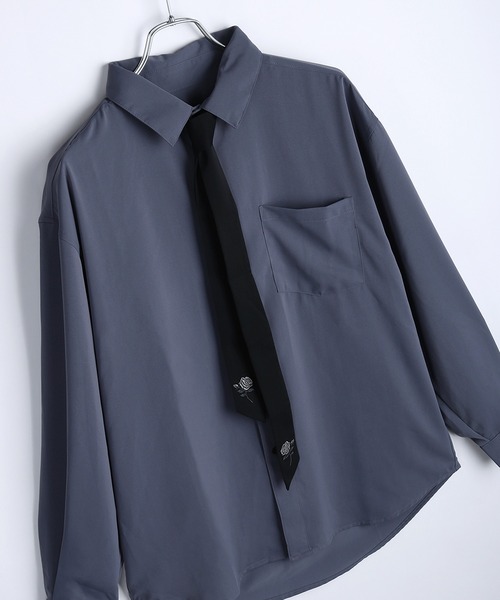 WESTSEA（ウエストシー）の「バラ刺繍ネクタイ付き とろみシャツ オーバーサイズ 長袖シャツ（シャツ/ブラウス・メンズ・ワイン/ホワイト/ブルー・M/L）」の2枚目の写真