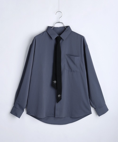 WESTSEA（ウエストシー）の「バラ刺繍ネクタイ付き とろみシャツ オーバーサイズ 長袖シャツ（シャツ/ブラウス・メンズ・ワイン/ホワイト/ブルー・M/L）」の10枚目の写真