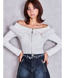 フロントZIPオフショルフェイクファーリブニットトップス