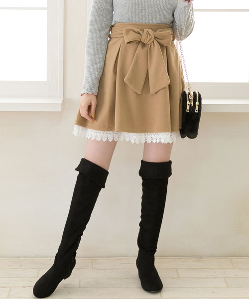 夢展望 ユメテンボウ の ウエストリボン付き 裾レースボックスプリーツスカート スカート Wear