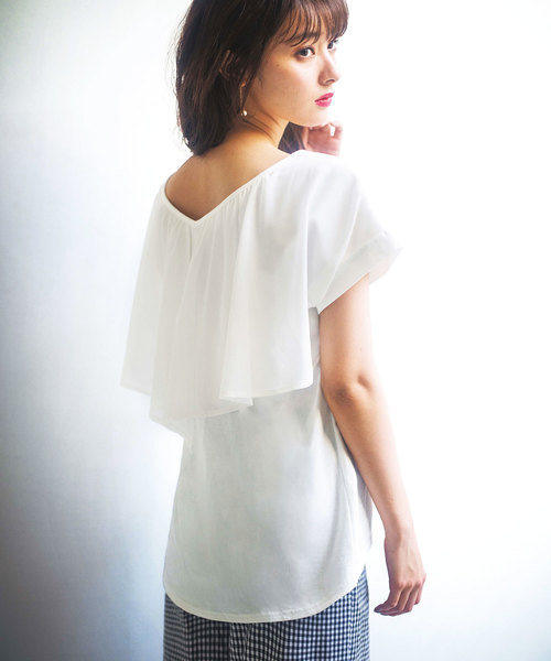 GeeRA(ジーラ)の「バックドレープシフォン使いトップス(Tシャツ/カットソー・レディース・ブラック/ネイビー/オフホワイト/ドット/ラベンダー・SMALL/XX-LARGE/XXX-LARGE/XXXX-LARGE/LARGE/X-LARGE/MEDIUM)」の1枚目の写真