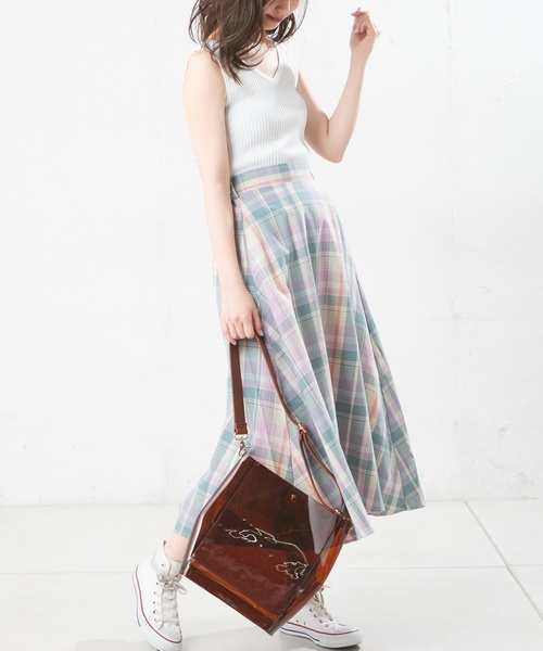 natural couture（ナチュラルクチュール）の「カラーチェックフレアスカート（スカート・レディース・グリーン/ミント/サックスブルー・FREE）」の9枚目の写真