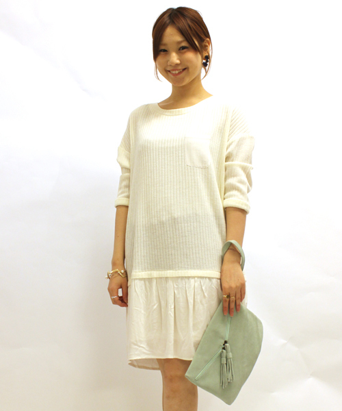 mystic（ミスティック）の「リブ裏毛ドッキングワンピース（ワンピース・レディース・ネイビー/オフホワイト/ミント/ベージュ・ﾌﾘ-）」の3枚目の写真