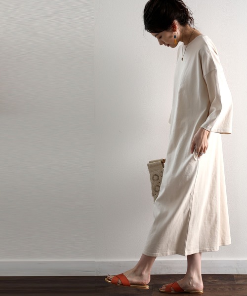 空紡糸ポケット付ゆったりバックプリントコットンマキシ丈フレアワンピース 半端袖 ワンピース Classicalelf クラシカルエルフ のファッション ワンピース セール