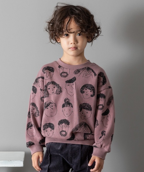MAKE YOUR DAY(メイクユアデイ)の「いろんな顔総柄裏毛トレーナー■80~140cm(スウェット・キッズ・ベージュ/パープル/カーキ・90/100/110/120/80/130/140)」の3枚目の写真