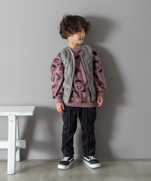 MAKE YOUR DAY(メイクユアデイ)の「いろんな顔総柄裏毛トレーナー■80~140cm(スウェット・キッズ・ベージュ/パープル/カーキ・90/100/110/120/80/130/140)」の7枚目の写真