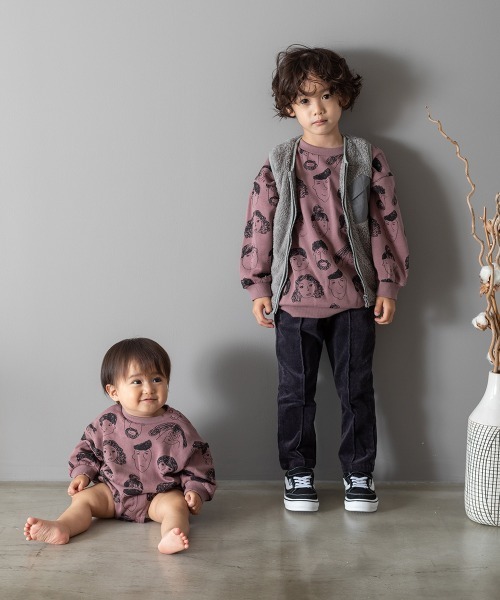 MAKE YOUR DAY(メイクユアデイ)の「いろんな顔総柄裏毛トレーナー■80~140cm(スウェット・キッズ・ベージュ/パープル/カーキ・90/100/110/120/80/130/140)」の8枚目の写真