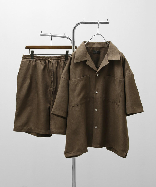 ZIP FIVE（ジップファイブ）の「【ZIP FIVE】【サマーセットアップ　2点セット】リネンライクショートパンツ ＆　リネンライクオープンカラーシャツ（セットアップ・メンズ・ベージュ/ブルー/ブラウン/アイボリー/ブラック/オリーブ・LARGE/MEDIUM/X-LARGE）」の3枚目の写真