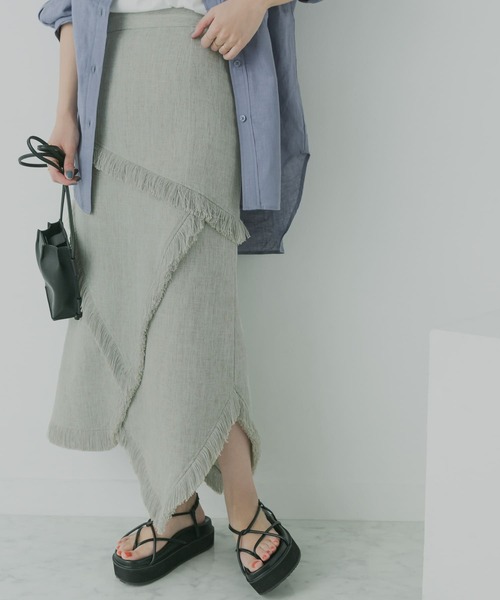 KBF+(ケービーエフプラス)の「KBF+ フリンジパッチワークスカート(スカート・レディース・ブルー/ライトカーキ・ONE)」の1枚目の写真