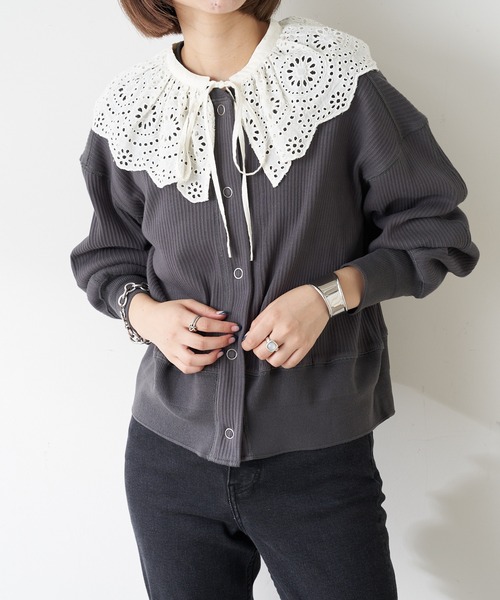 CIAOPANIC TYPY(チャオパニックティピー)の「ヘビーウェイトリブショートカーディガン(カーディガン/ボレロ・レディース・チャコールグレー/オフホワイト/オレンジ・ONE SIZE)」の10枚目の写真