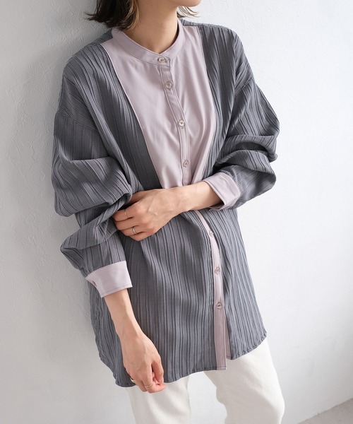 A16565 美品 Y's 12ss バイカラーピンタックブザムシャツ 黒白 1 ANDJ（アンドジェイ）の「ピンタックブザムバンドカラーシャツ