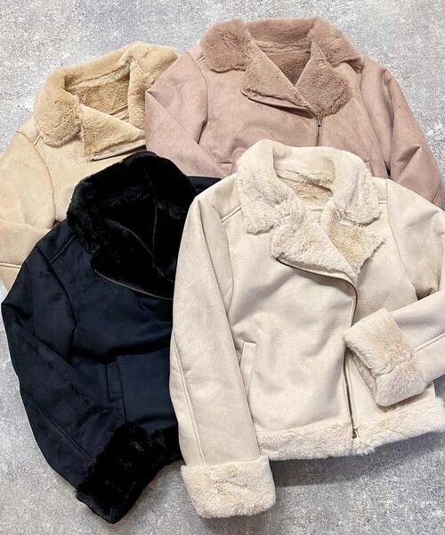 INGNI（イング）の「フェイクレザームートンライダース（ミリタリージャケット・レディース・ブラック/ベージュ/アイボリー/グレー×ピンク・M）」の9枚目の写真