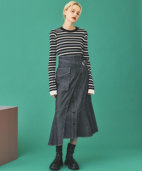 INella（イネラ）の「【INella(イネラ)】マルチボーダータックニット（ニット/セーター・レディース・ベージュ/ブラック/グリーン・FREE）」の4枚目の写真