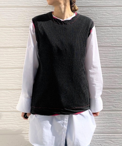 Q(キュー)の「BROSリブノースリニット(ニット/セーター・レディース・チャコールグレー/ライム/アイボリー・MEDIUM)」の4枚目の写真