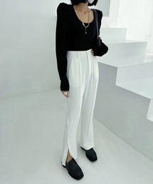 me+em select | 【 選べる4サイズ／6色展開 】ハイウエストサイドスリットフレアスラックス(スラックス)