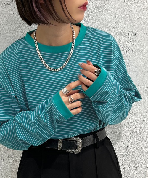 apres jour mignon（アプレジュールミニョン）の「カラーボーダーロンT【ZOZOTOWN限定アイテム】（Tシャツ/カットソー・レディース・ブラック系その他/ブルー系その他/ピンク系その他/オフホワイト/グリーン/グリーン系その他/イエロー系その他・X-LARGE/フリー）」の4枚目の写真