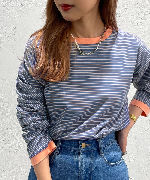 apres jour mignon（アプレジュールミニョン）の「カラーボーダーロンT【ZOZOTOWN限定アイテム】（Tシャツ/カットソー・レディース・ブラック系その他/ブルー系その他/ピンク系その他/オフホワイト/グリーン/グリーン系その他/イエロー系その他・X-LARGE/フリー）」の5枚目の写真