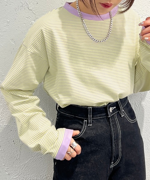 apres jour mignon（アプレジュールミニョン）の「カラーボーダーロンT【ZOZOTOWN限定アイテム】（Tシャツ/カットソー・レディース・ブラック系その他/ブルー系その他/ピンク系その他/オフホワイト/グリーン/グリーン系その他/イエロー系その他・X-LARGE/フリー）」の6枚目の写真