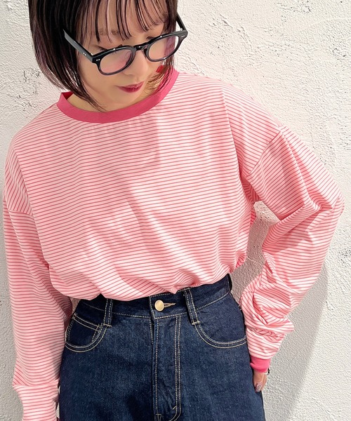 apres jour mignon（アプレジュールミニョン）の「カラーボーダーロンT【ZOZOTOWN限定アイテム】（Tシャツ/カットソー・レディース・ブラック系その他/ブルー系その他/ピンク系その他/オフホワイト/グリーン/グリーン系その他/イエロー系その他・X-LARGE/フリー）」の7枚目の写真