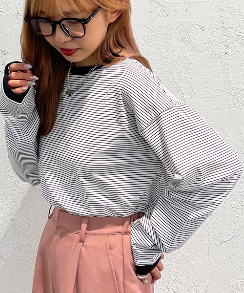 apres jour mignon（アプレジュールミニョン）の「カラーボーダーロンT【ZOZOTOWN限定アイテム】（Tシャツ/カットソー・レディース・ブラック系その他/ブルー系その他/ピンク系その他/オフホワイト/グリーン/グリーン系その他/イエロー系その他・X-LARGE/フリー）」の21枚目の写真