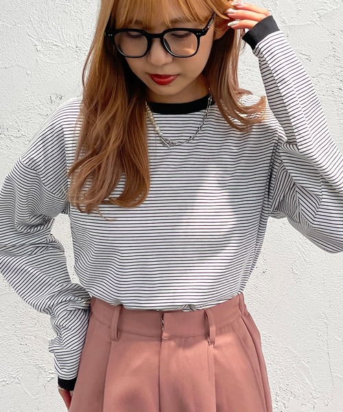 apres jour mignon（アプレジュールミニョン）の「カラーボーダーロンT【ZOZOTOWN限定アイテム】（Tシャツ/カットソー・レディース・ブラック系その他/ブルー系その他/ピンク系その他/オフホワイト/グリーン/グリーン系その他/イエロー系その他・X-LARGE/フリー）」の22枚目の写真