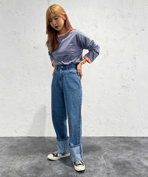 apres jour mignon（アプレジュールミニョン）の「カラーボーダーロンT【ZOZOTOWN限定アイテム】（Tシャツ/カットソー・レディース・ブラック系その他/ブルー系その他/ピンク系その他/オフホワイト/グリーン/グリーン系その他/イエロー系その他・X-LARGE/フリー）」の8枚目の写真