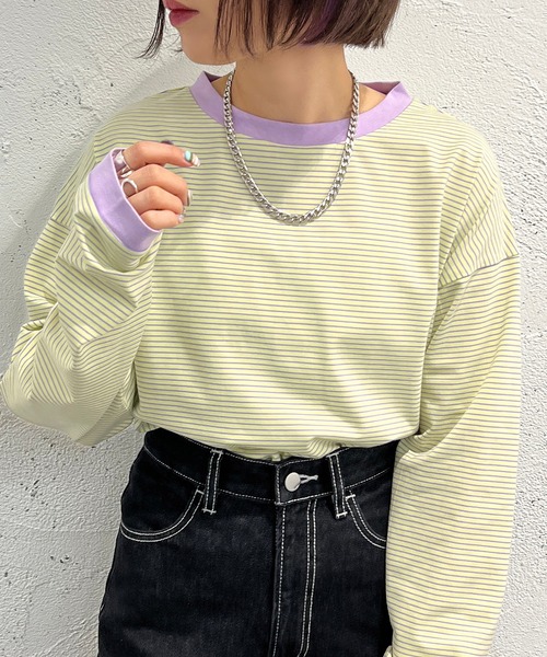 apres jour mignon（アプレジュールミニョン）の「カラーボーダーロンT【ZOZOTOWN限定アイテム】（Tシャツ/カットソー・レディース・ブラック系その他/ブルー系その他/ピンク系その他/オフホワイト/グリーン/グリーン系その他/イエロー系その他・X-LARGE/フリー）」の10枚目の写真