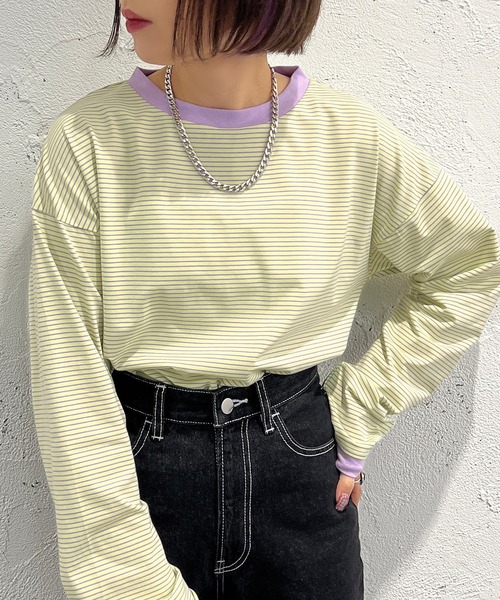 apres jour mignon（アプレジュールミニョン）の「カラーボーダーロンT【ZOZOTOWN限定アイテム】（Tシャツ/カットソー・レディース・ブラック系その他/ブルー系その他/ピンク系その他/オフホワイト/グリーン/グリーン系その他/イエロー系その他・X-LARGE/フリー）」の11枚目の写真