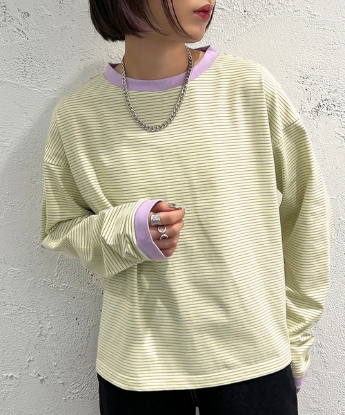 apres jour mignon（アプレジュールミニョン）の「カラーボーダーロンT【ZOZOTOWN限定アイテム】（Tシャツ/カットソー・レディース・ブラック系その他/ブルー系その他/ピンク系その他/オフホワイト/グリーン/グリーン系その他/イエロー系その他・X-LARGE/フリー）」の12枚目の写真