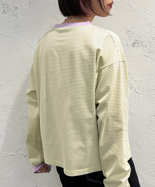 apres jour mignon（アプレジュールミニョン）の「カラーボーダーロンT【ZOZOTOWN限定アイテム】（Tシャツ/カットソー・レディース・ブラック系その他/ブルー系その他/ピンク系その他/オフホワイト/グリーン/グリーン系その他/イエロー系その他・X-LARGE/フリー）」の13枚目の写真