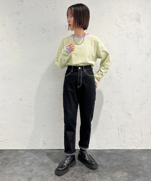 apres jour mignon（アプレジュールミニョン）の「カラーボーダーロンT【ZOZOTOWN限定アイテム】（Tシャツ/カットソー・レディース・ブラック系その他/ブルー系その他/ピンク系その他/オフホワイト/グリーン/グリーン系その他/イエロー系その他・X-LARGE/フリー）」の14枚目の写真