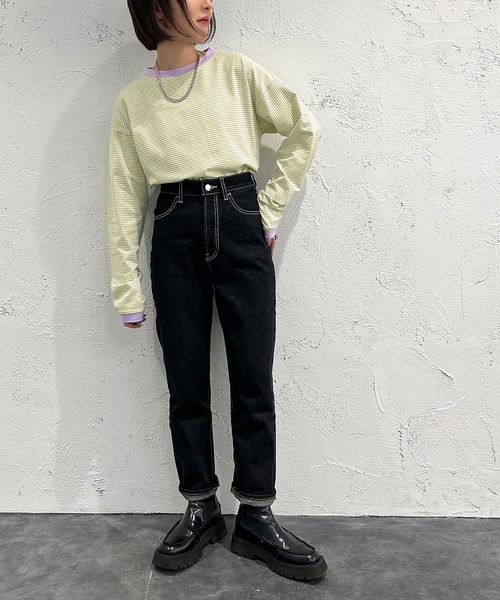 apres jour mignon（アプレジュールミニョン）の「カラーボーダーロンT【ZOZOTOWN限定アイテム】（Tシャツ/カットソー・レディース・ブラック系その他/ブルー系その他/ピンク系その他/オフホワイト/グリーン/グリーン系その他/イエロー系その他・X-LARGE/フリー）」の15枚目の写真