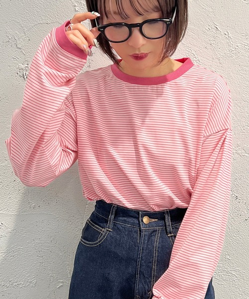 apres jour mignon（アプレジュールミニョン）の「カラーボーダーロンT【ZOZOTOWN限定アイテム】（Tシャツ/カットソー・レディース・ブラック系その他/ブルー系その他/ピンク系その他/オフホワイト/グリーン/グリーン系その他/イエロー系その他・X-LARGE/フリー）」の16枚目の写真