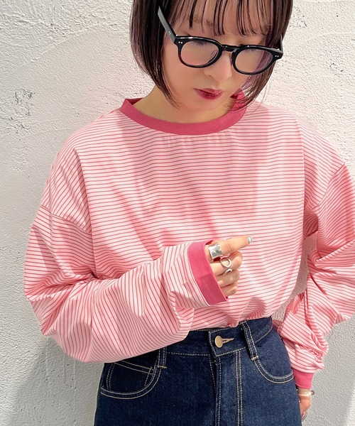 apres jour mignon（アプレジュールミニョン）の「カラーボーダーロンT【ZOZOTOWN限定アイテム】（Tシャツ/カットソー・レディース・ブラック系その他/ブルー系その他/ピンク系その他/オフホワイト/グリーン/グリーン系その他/イエロー系その他・X-LARGE/フリー）」の17枚目の写真